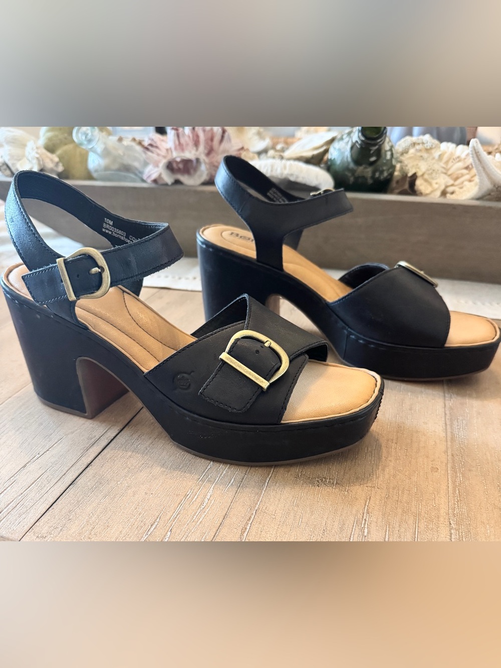 Born Bangle Buckle Leather Platform Slide Sandal, Black, Women’s Size 10